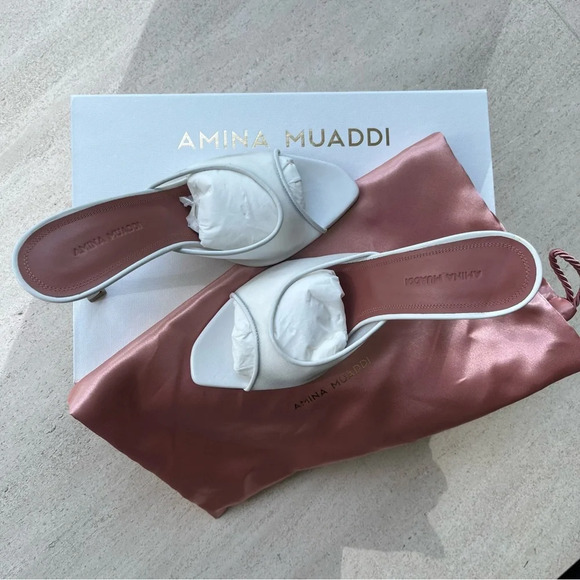 Amina Muaddi Alexa Mesh Slipper 95 White Wedding Mule Heels Shoes Bridal Slip On - Picture 6 of 11
